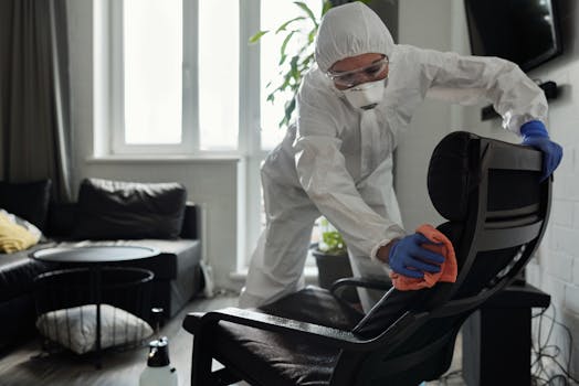 Person wearing PPE cleaning an armchair indoors, emphasizing pandemic hygiene and safety.