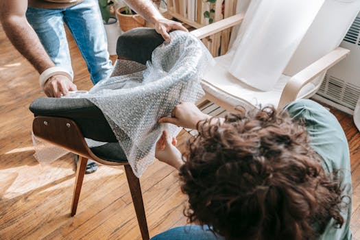 A couple wraps a chair in bubble wrap, preparing for a move in a bright, sunlit room.