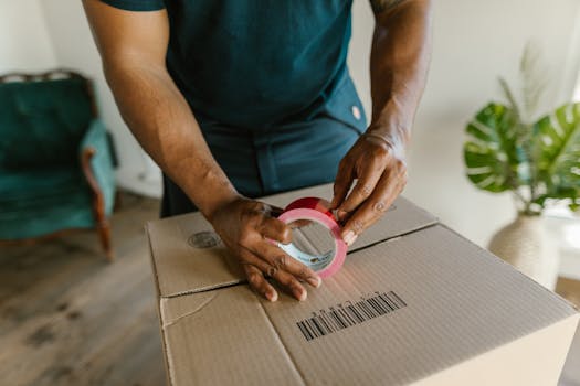 A man sealing a cardboard box with red tape indoors, showcasing packing and moving concepts.