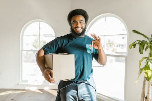 Happy man carrying a moving box in a brightly lit new home, symbolizing a fresh start.